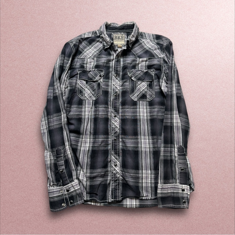 BKE Button Up Shirt Men’s Large Black Grey Plaid Long Sleeve Western Pearl Snap